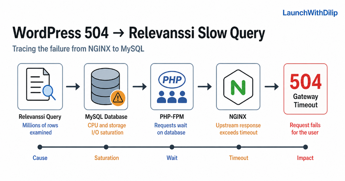 Cause-to-impact flow showing a Relevanssi query saturating MySQL, delaying PHP-FPM, triggering an NGINX upstream timeout, and returning a 504 Gateway Timeout.